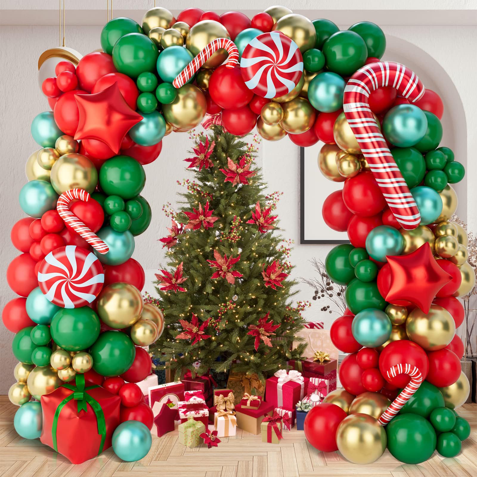 Christmas Balloons Garland Arch Kit, 150Pcs Christmas Garland with Red Green Gold Candy Cane Balloons Red Star Balloons, Christmas Arch for Christmas Party, Xmas Decorations Backdrop for Indoors