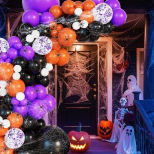 152Pcs Halloween Balloons Arch Garland Kit, Orange Purple and Black Balloon with Halloween Spider Web, Spiders for Halloween Birthday decor Supplies Cute Halloween Party Decorations