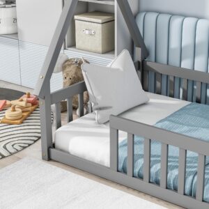 DreamBuck Twin Size Toddler Floor Bed, Montessori Floor Bed with Fence and Safety Guardrails, Solid Pine Tent-Shaped Floor Bed Frame for Kids Toddlers Girls Boys, Wood Slat Support, Grey