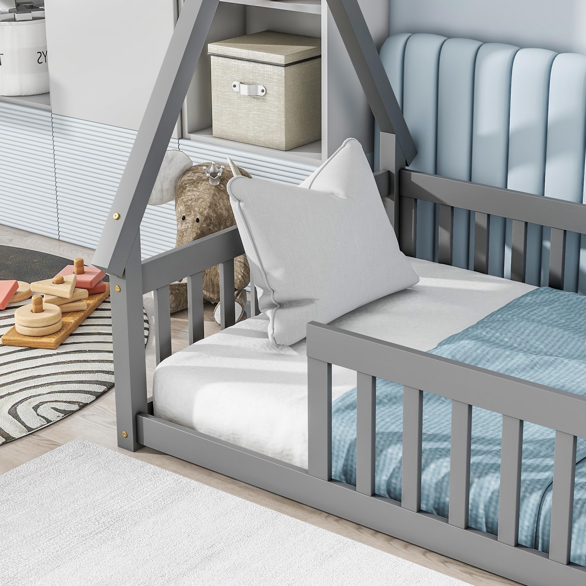 DreamBuck Twin Size Toddler Floor Bed, Montessori Floor Bed with Fence and Safety Guardrails, Solid Pine Tent-Shaped Floor Bed Frame for Kids Toddlers Girls Boys, Wood Slat Support, Grey