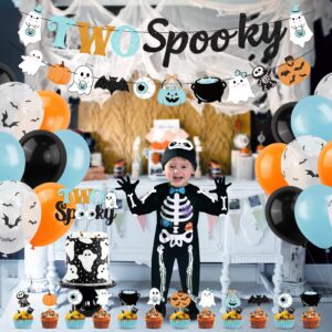 K KUMEED Halloween 2nd Birthday Party Decorations,Blue Two Spooky Themed Banner,Cute Ghost Eyeballs Hat Cake Topper and Latex Balloons for Halloween 2 Year Old Boys Party Favor Supplies