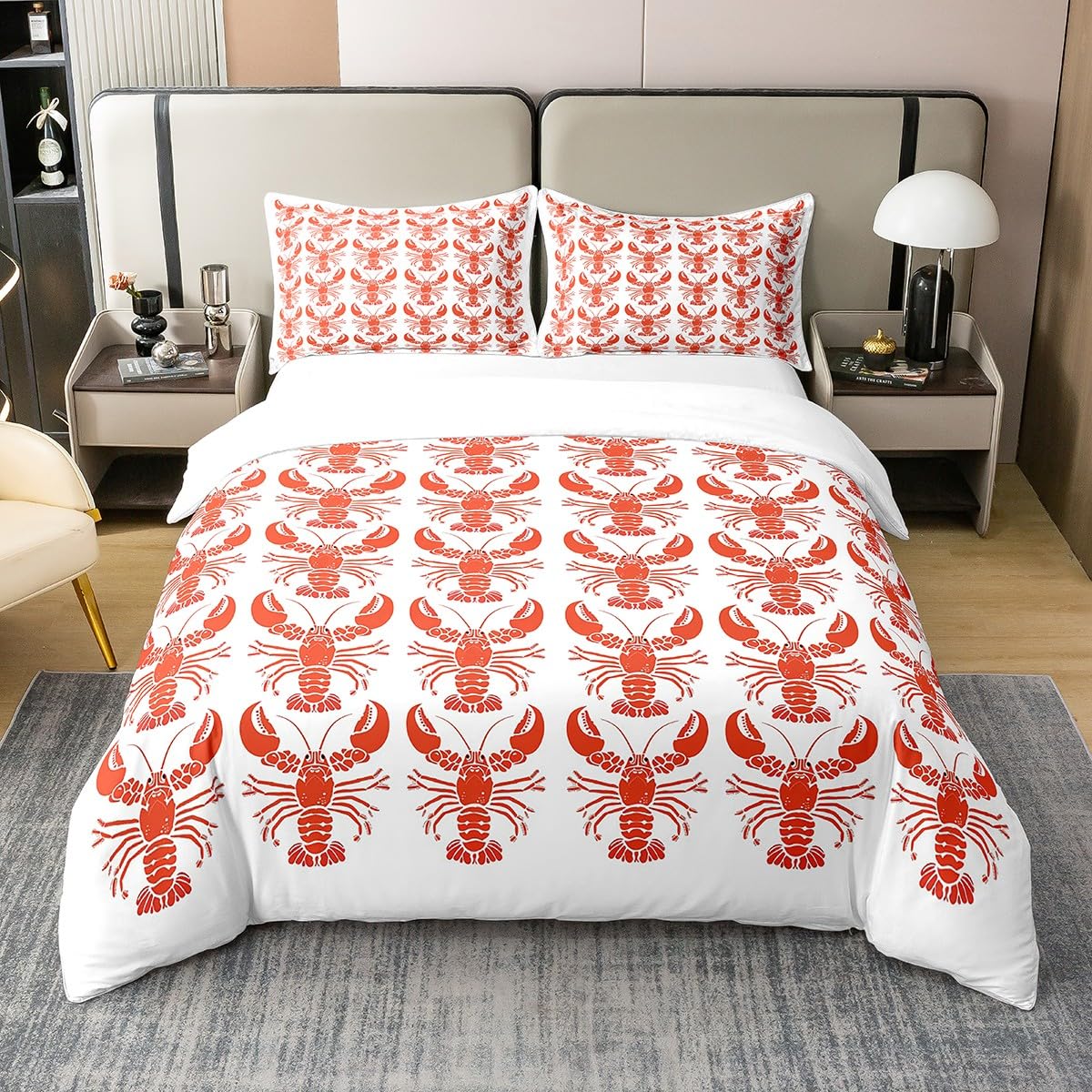 Erosebridal 100% Natural Cotton Red Lobster Duvet Cover, Shrimp Comforter Cover, Coastal Marine Life Quilt Cover Twin, Underwater Sea Wild Animals Bedroom Decor Bedding Set for Kids Adult