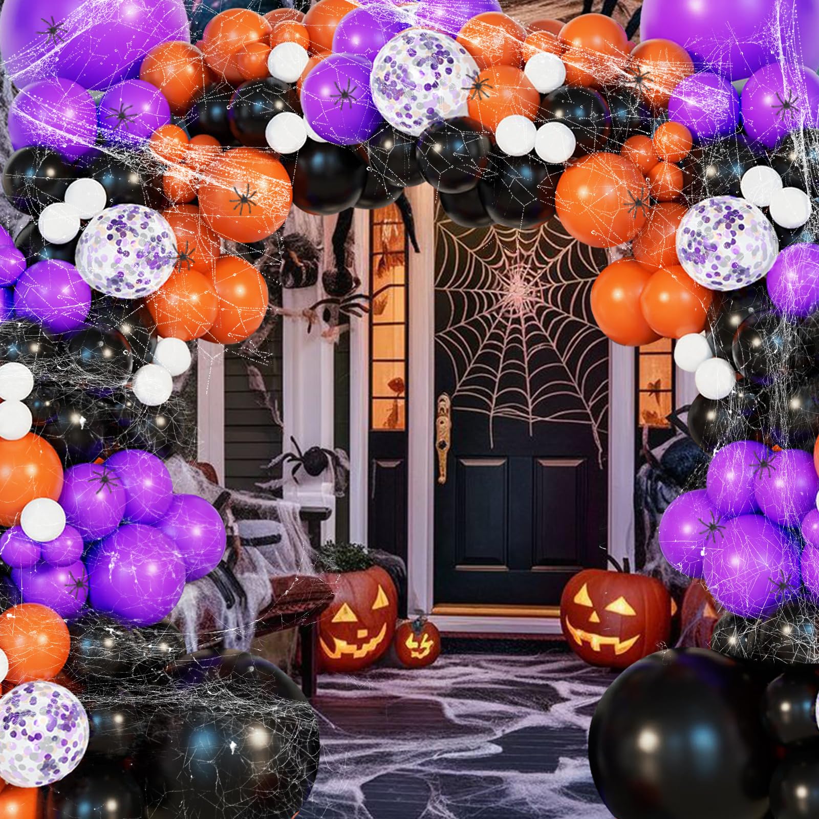 152Pcs Halloween Balloons Arch Garland Kit, Orange Purple and Black Balloon with Halloween Spider Web, Spiders for Halloween Birthday decor Supplies Cute Halloween Party Decorations