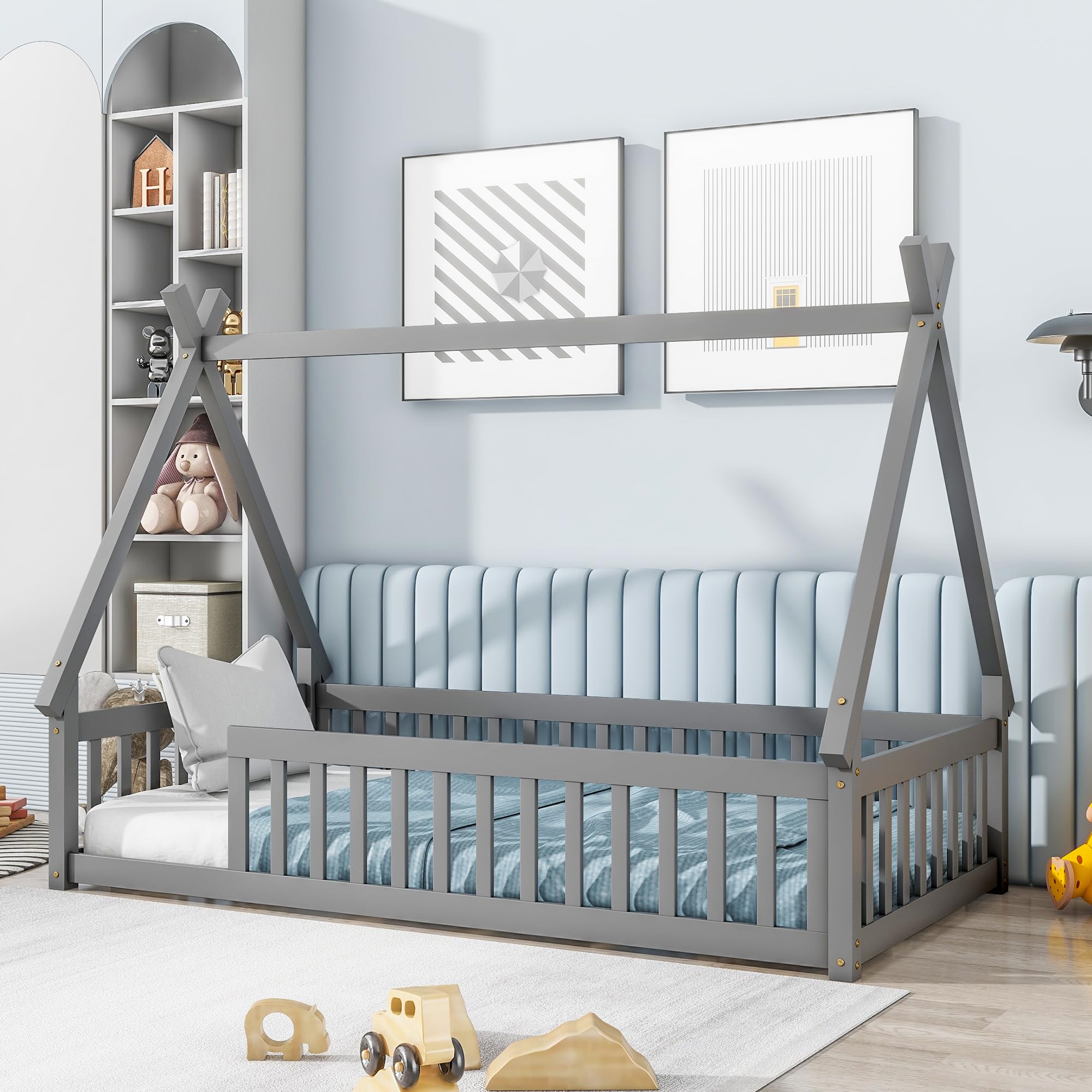 DreamBuck Twin Size Toddler Floor Bed, Montessori Floor Bed with Fence and Safety Guardrails, Solid Pine Tent-Shaped Floor Bed Frame for Kids Toddlers Girls Boys, Wood Slat Support, Grey