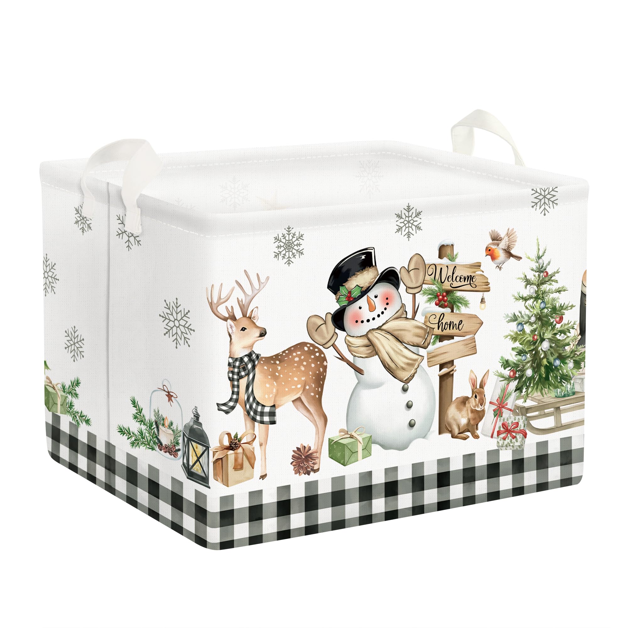 Clastyle Brown Plaid Snowman Christmas Tree Gift Basket Large Winter Deer Gnome Truck Snowflake Nursery Bin Cube Collapsible Rectangle Kid Clothes Toy Book Shelf Basket