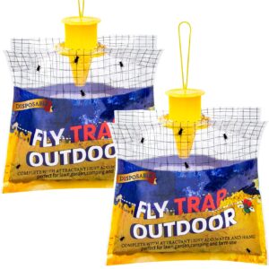 glovv 2 pack disposable fly traps outdoor hanging, fly trap bags with natural attractant bait, flying insect trap and bug catcher control flies in barn farm or ranch, patio