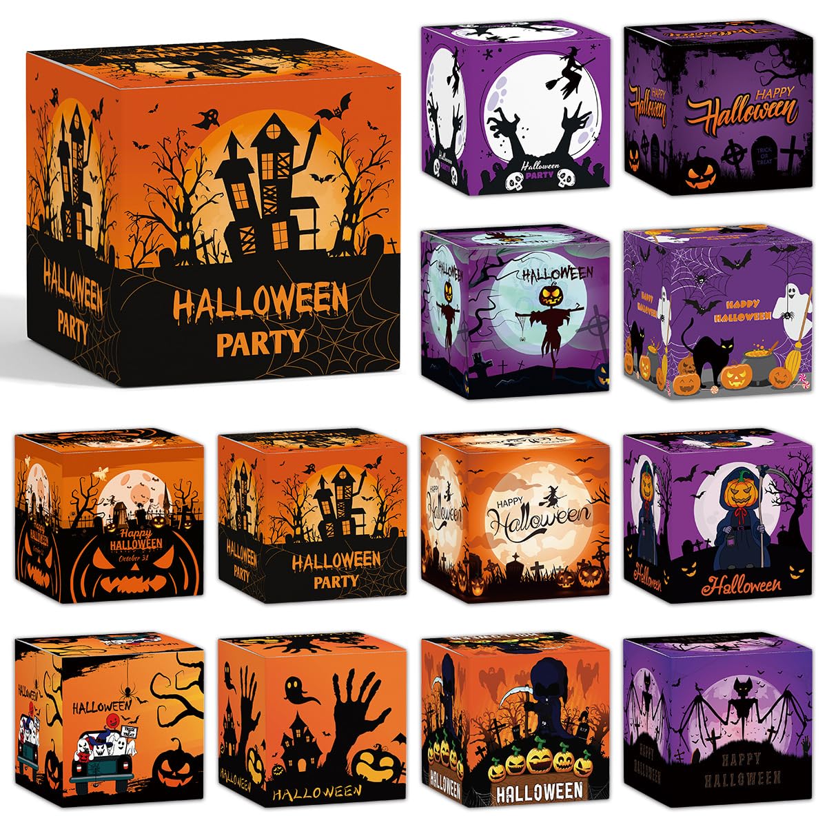 Halloween Candy Treat Box Set, 12 Pcs Treat Goodie Boxes Halloween Party Favors Boxes, Halloween Cardboard Funny Boxes for for Candy Snacks Cookie Small Gifts Halloween Party Supplies Kids Birthday