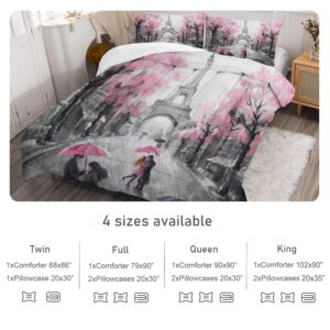 EDGZKO Paris Bedroom Comforter Set: Queen Size Eiffel Tower Bedding Sets Pink and Grey French Style Romantic Bed Set for Teen Girls Women Soft Quilt Sets 1 Comforter & 2 Pillowcases