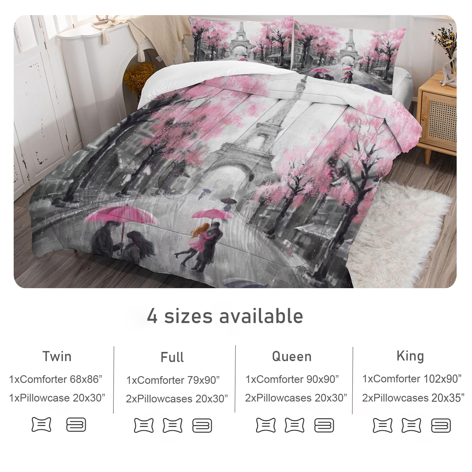 EDGZKO Paris Bedroom Comforter Set: Queen Size Eiffel Tower Bedding Sets Pink and Grey French Style Romantic Bed Set for Teen Girls Women Soft Quilt Sets 1 Comforter & 2 Pillowcases