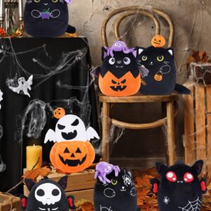 Halloween Plush Cat Stuffed Animals - Black Cats Plush Toys with Purple Spider, Cute Halloween Decor, Kids' Pillow, Gifts for Girls Boys, 8 Inch