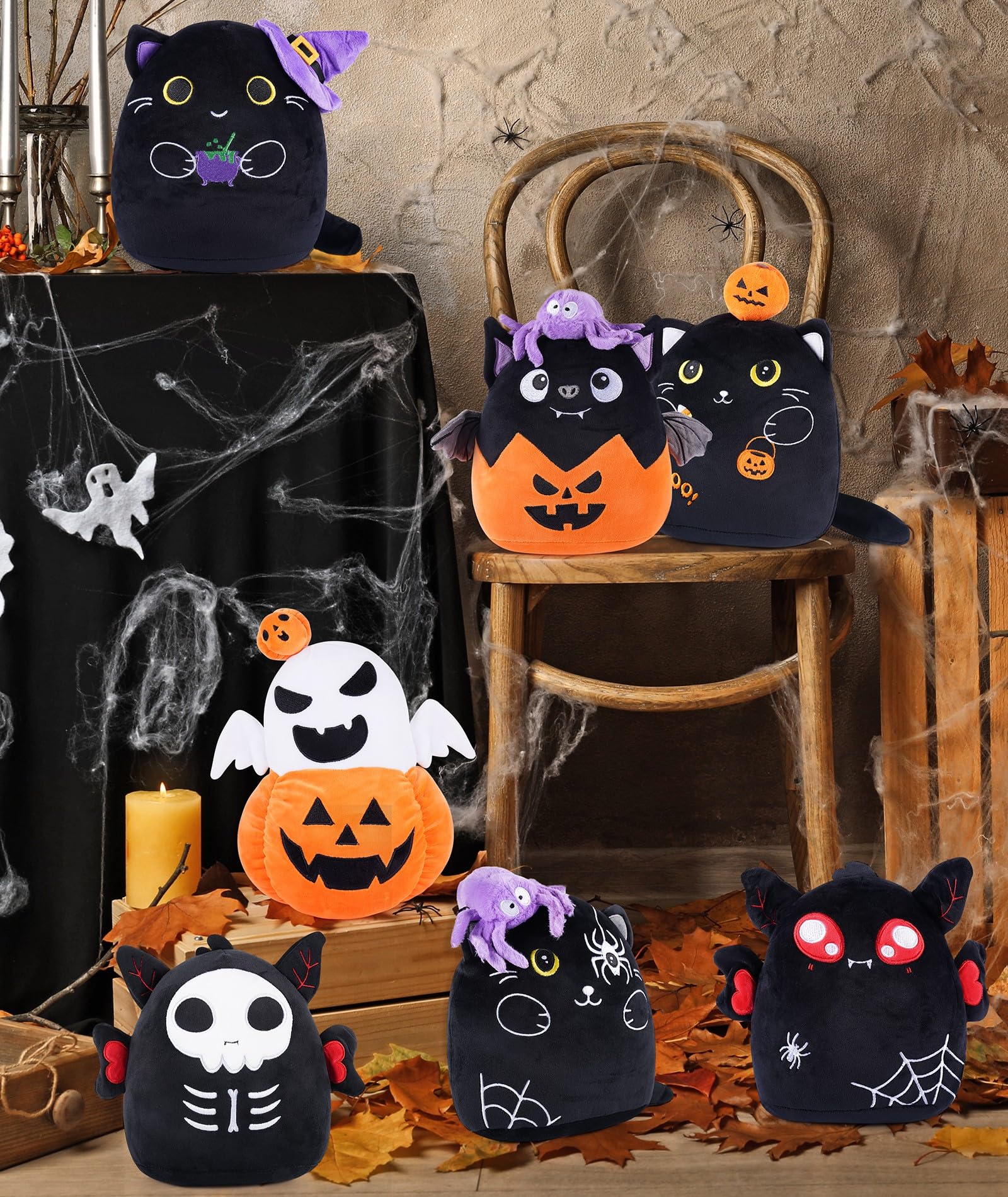 Halloween Plush Cat Stuffed Animals - Black Cats Plush Toys with Purple Spider, Cute Halloween Decor, Kids' Pillow, Gifts for Girls Boys, 8 Inch