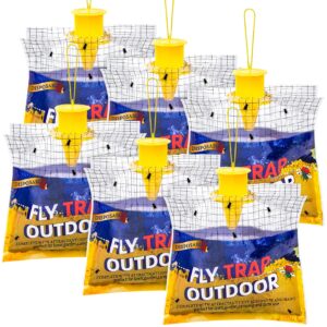 glovv 6 pack disposable fly traps outdoor hanging, fly trap bags with natural attractant bait, flying insect trap and bug catcher control flies in barn farm or ranch, patio