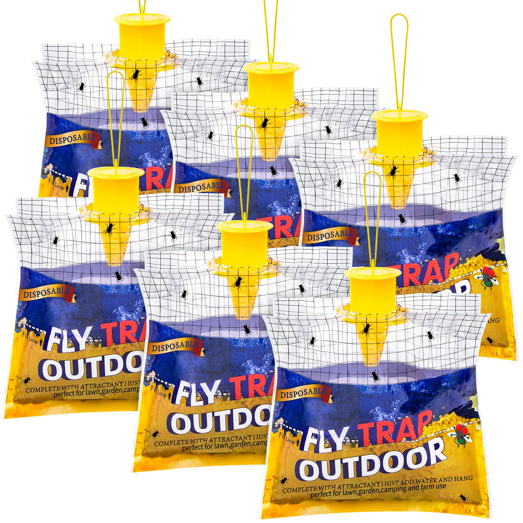 Glovv 6 Pack Disposable Fly Traps Outdoor Hanging, Fly Trap Bags with Natural Attractant Bait, Flying Insect Trap and Bug Catcher Control Flies in Barn Farm or Ranch, Patio