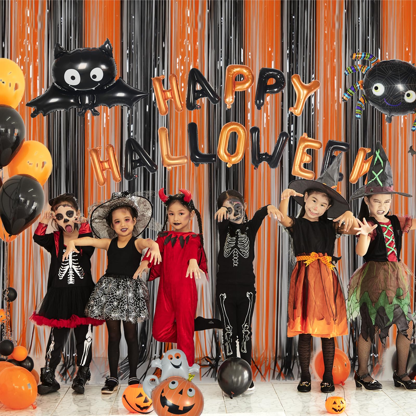 Happy Halloween Party Decorations, Melsan Halloween Banner Black and Orange Balloons, Spider, Bat, Pumpkin with Ghost Balloons - Perfect Halloween Party Supplies for Kids and Adults