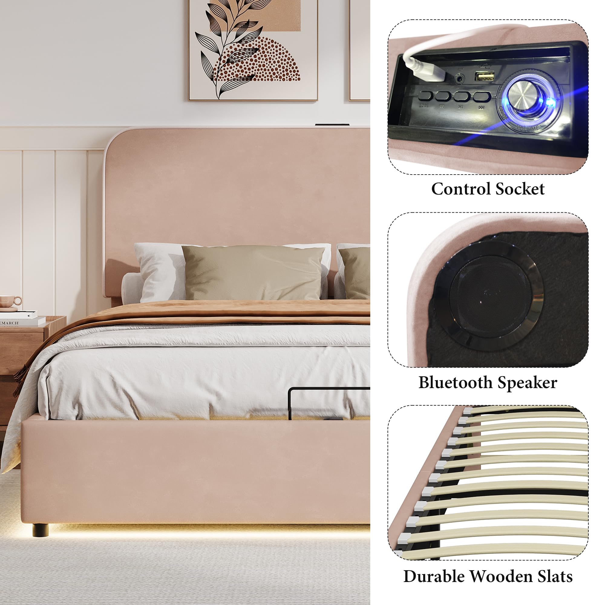 Merax Full Size Lift Up Storage Bed with RGB LED Light & Bluetooth Speaker, Lychee Velvet Upholstered Platform, No Box Spring Needed, Pink