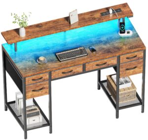 huuger computer desk with power outlets and led lights, 47 inch gaming desk with 6 drawers, office desk with monitor stand, writing desk work desk, mesh shelves, rustic brown