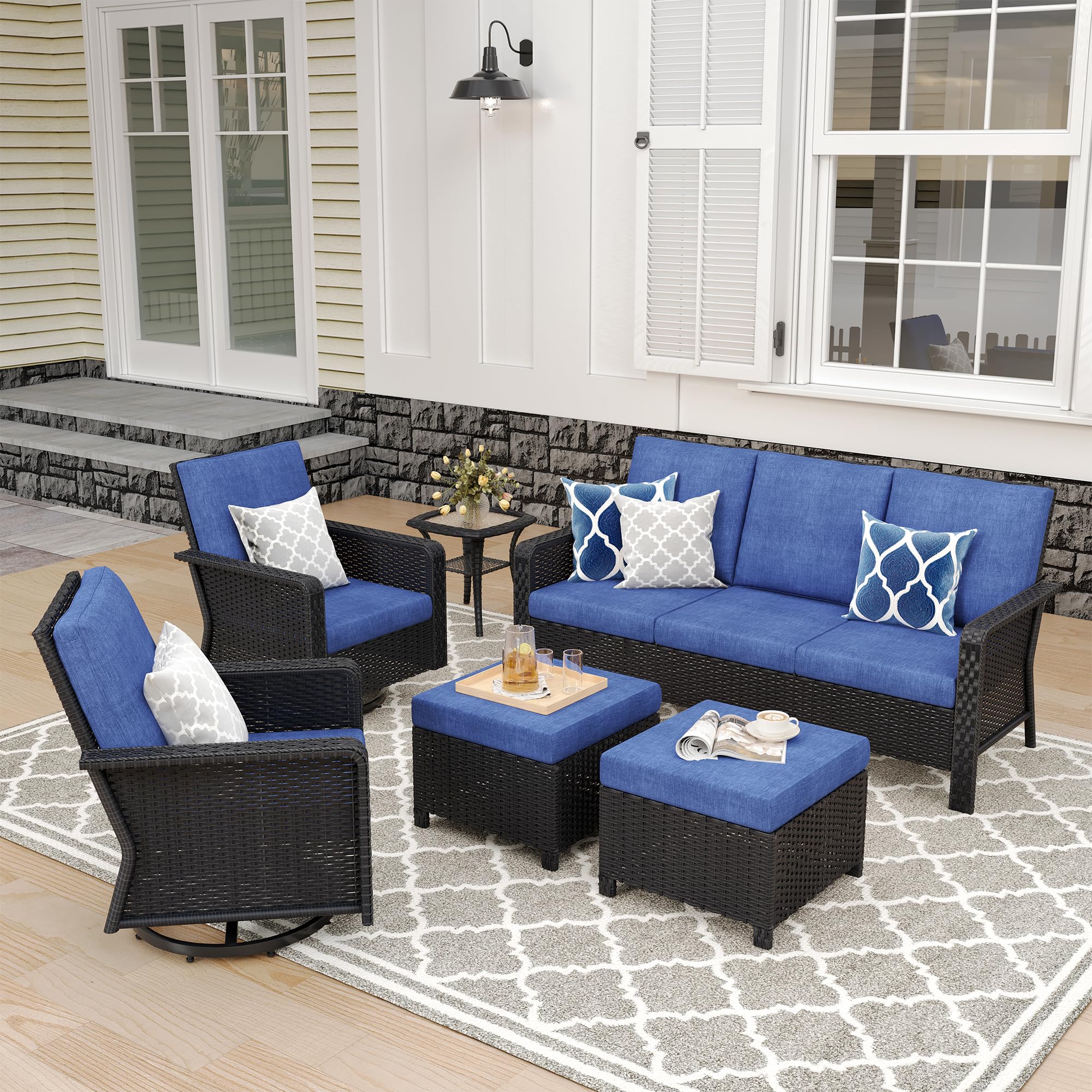 EcoTide 6 Pieces Outdoor Patio Furniture Set,Wicker Patio Conversation Sets with Swivel Rocking Chairs,3-Seat Sofa,Ottomans,Side Table for Outside Garden Poolside Backyard,Blue