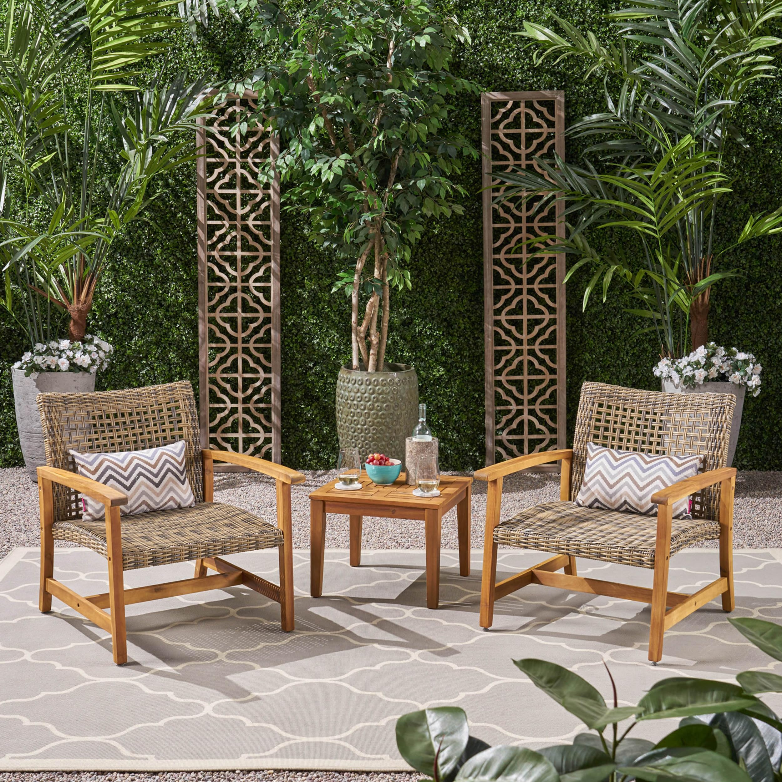 Christopher Knight Home Hampton Outdoor 3 Piece Wood and Wicker Club Chairs and Side Table Set, Gray