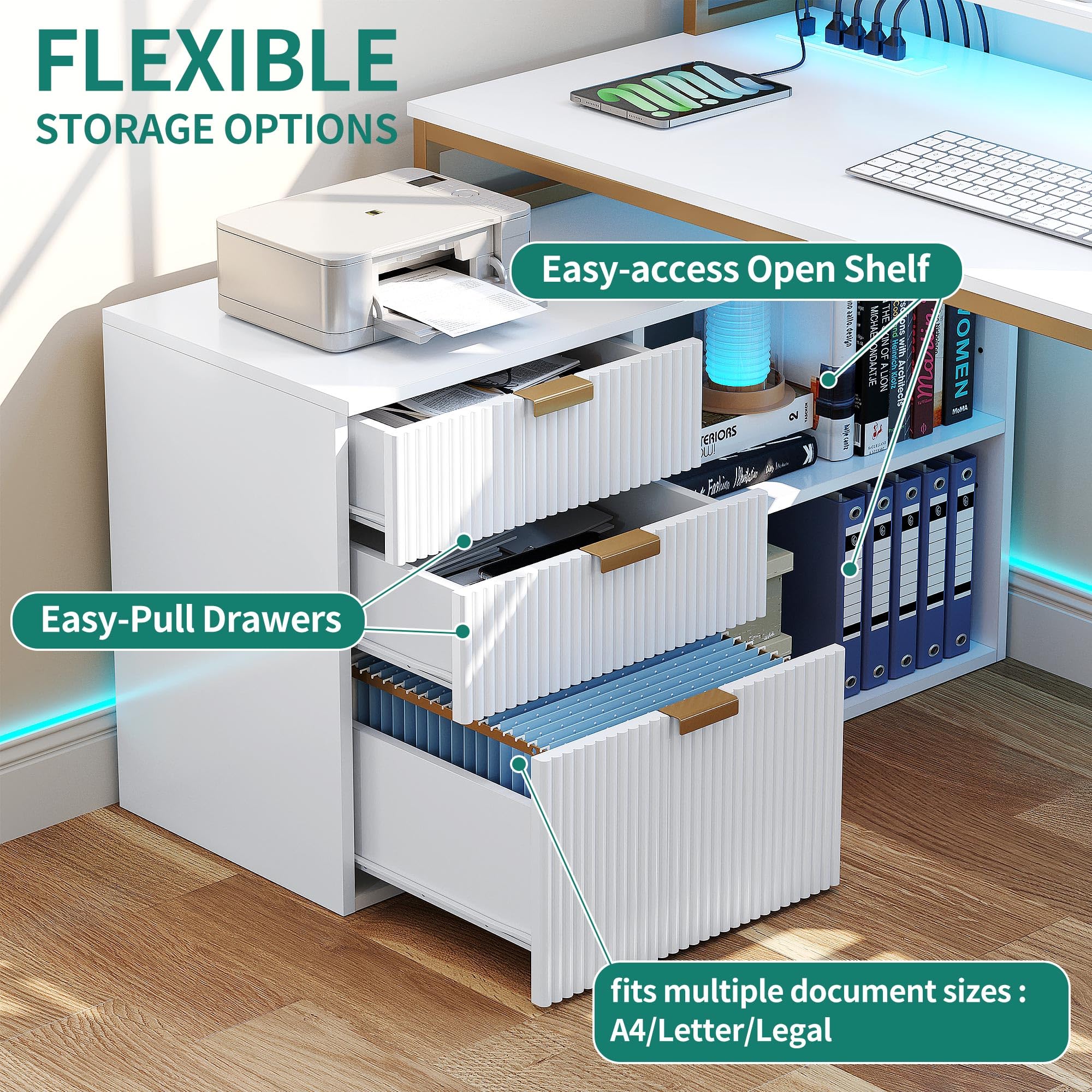 YITAHOME L Shaped Desk with Power Outlets and LED Lights, 55" Computer Desk with Drawers, Corner Office Desk with File Cabinet for Home Office, White & Gold