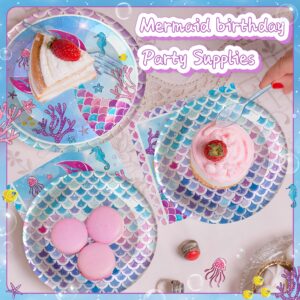 SJJPDYY 170Pcs Mermaid Birthday Party Decorations Set Mermaid Party Supplies Includes Plates, Napkin, Fork, Cup, Tablecloth, Banner for Baby Shower Ocean Birthday Party Decorations, Serves 24