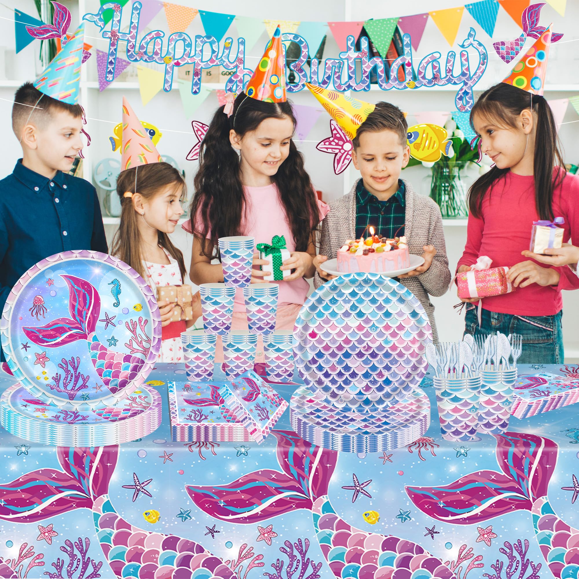 SJJPDYY 170Pcs Mermaid Birthday Party Decorations Set Mermaid Party Supplies Includes Plates, Napkin, Fork, Cup, Tablecloth, Banner for Baby Shower Ocean Birthday Party Decorations, Serves 24