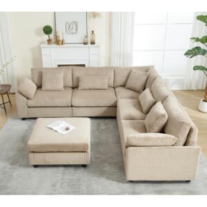 110.6"*110.6" oversized corner modular sectional sofa set, modern l-shaped couch with movable ottoman and 7 pillows, comfy corduroy fabric deep seat 6 seater cloud couch for living room (brown)