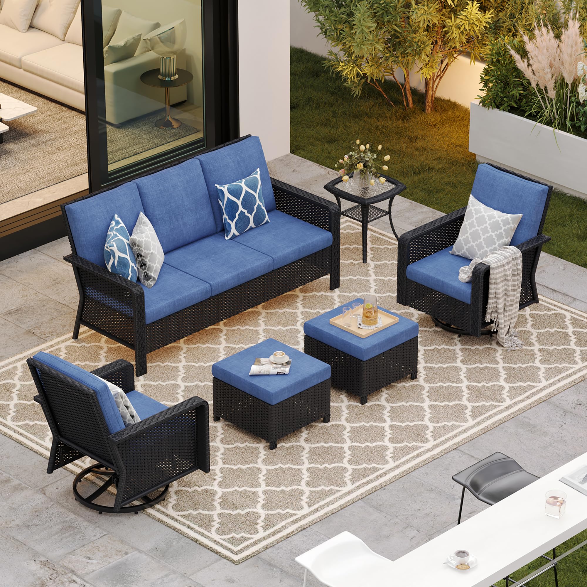 EcoTide 6 Pieces Outdoor Patio Furniture Set,Wicker Patio Conversation Sets with Swivel Rocking Chairs,3-Seat Sofa,Ottomans,Side Table for Outside Garden Poolside Backyard,Blue