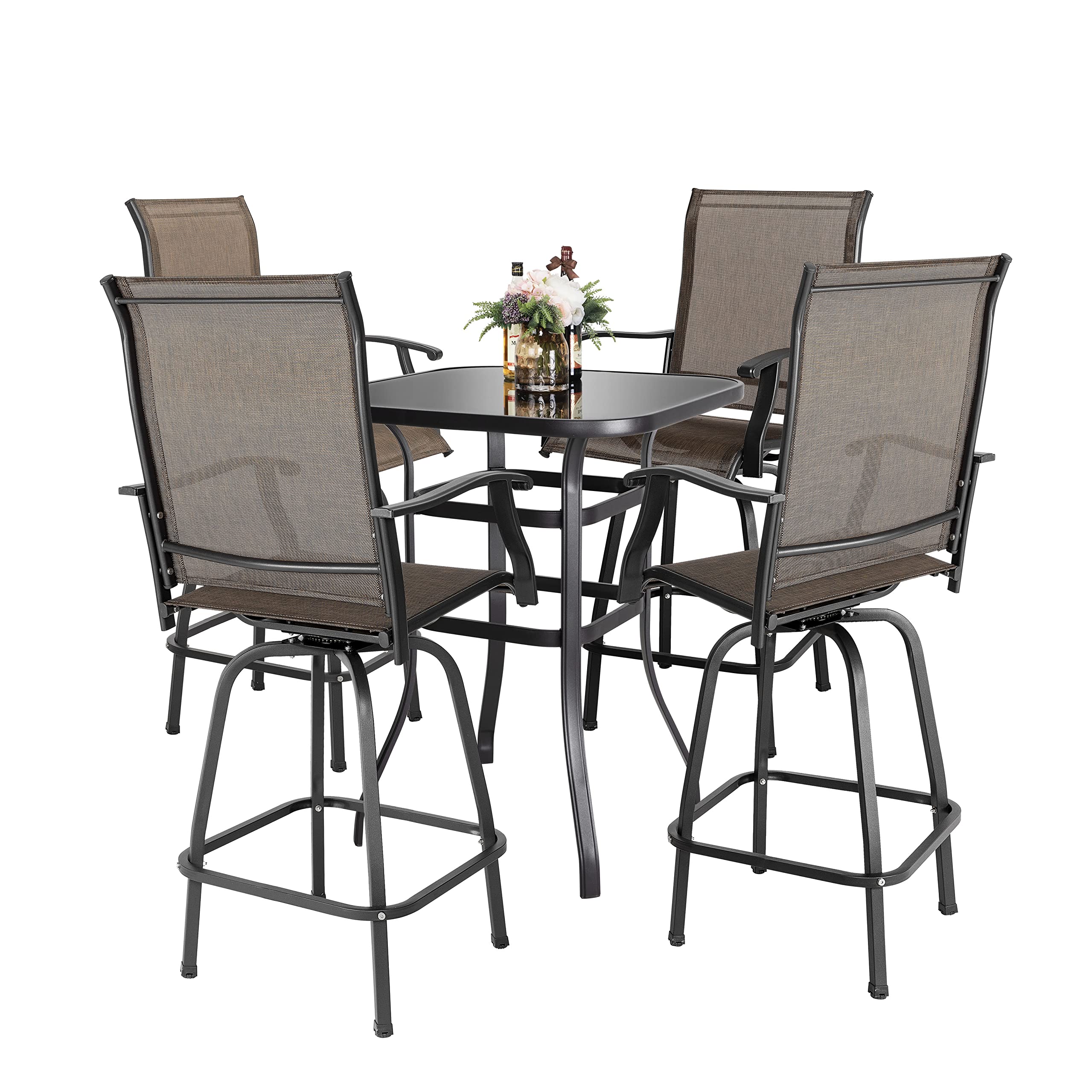 NUU GARDEN 5 Piece Patio Bar Set with Square Silk Screen Bar Height Glass Table and 4 Counter Textilene Height Swivel Chairs for Patio, Yard, Outdoor, Black&Brown