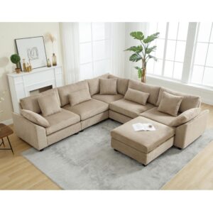 110.6"*110.6" Oversized Corner Modular Sectional Sofa Set, Modern L-Shaped Couch with Movable Ottoman and 7 Pillows, Comfy Corduroy Fabric Deep Seat 6 Seater Cloud Couch for Living Room (Brown)