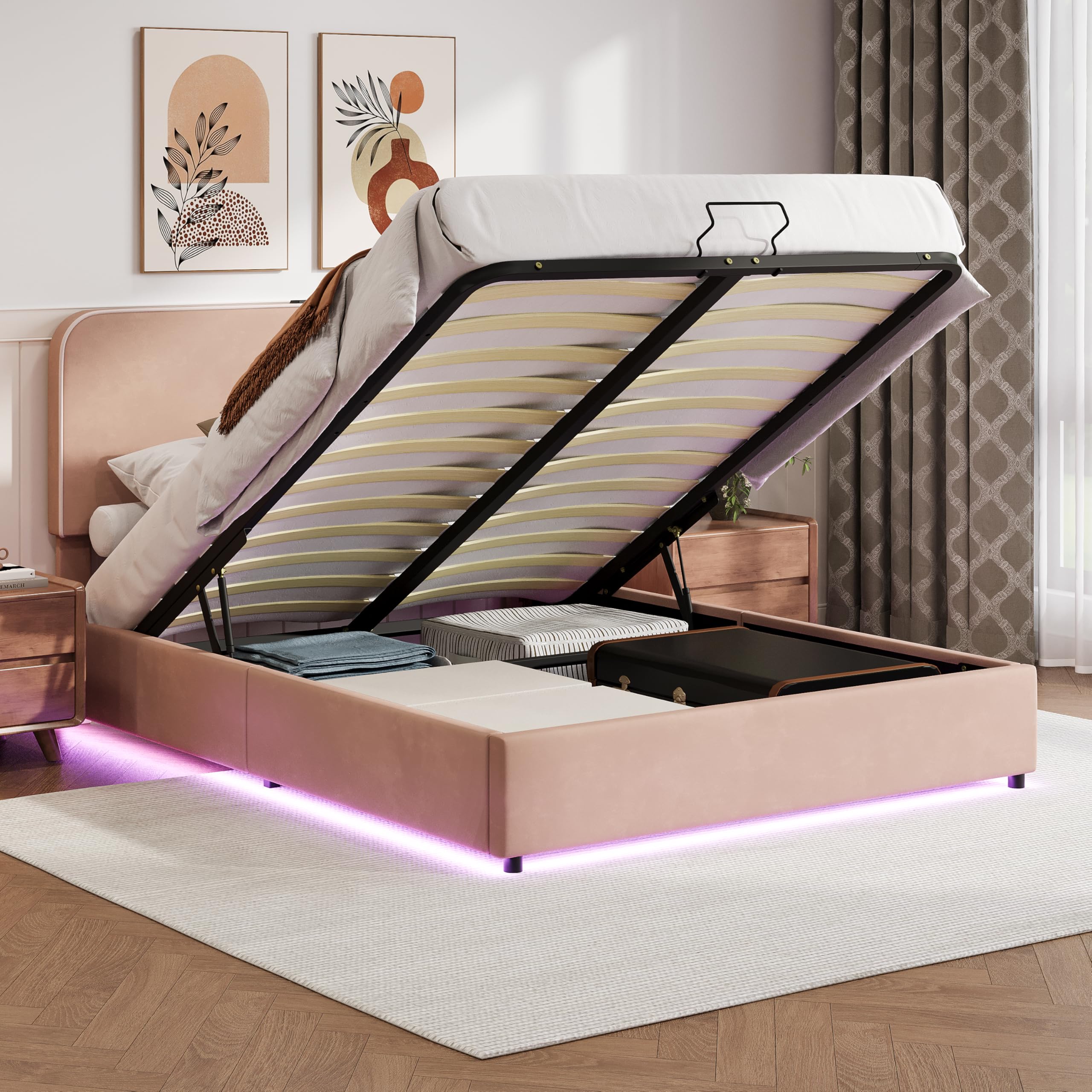 Merax Full Size Lift Up Storage Bed with RGB LED Light & Bluetooth Speaker, Lychee Velvet Upholstered Platform, No Box Spring Needed, Pink