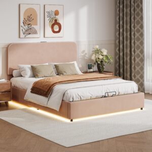 Merax Full Size Lift Up Storage Bed with RGB LED Light & Bluetooth Speaker, Lychee Velvet Upholstered Platform, No Box Spring Needed, Pink