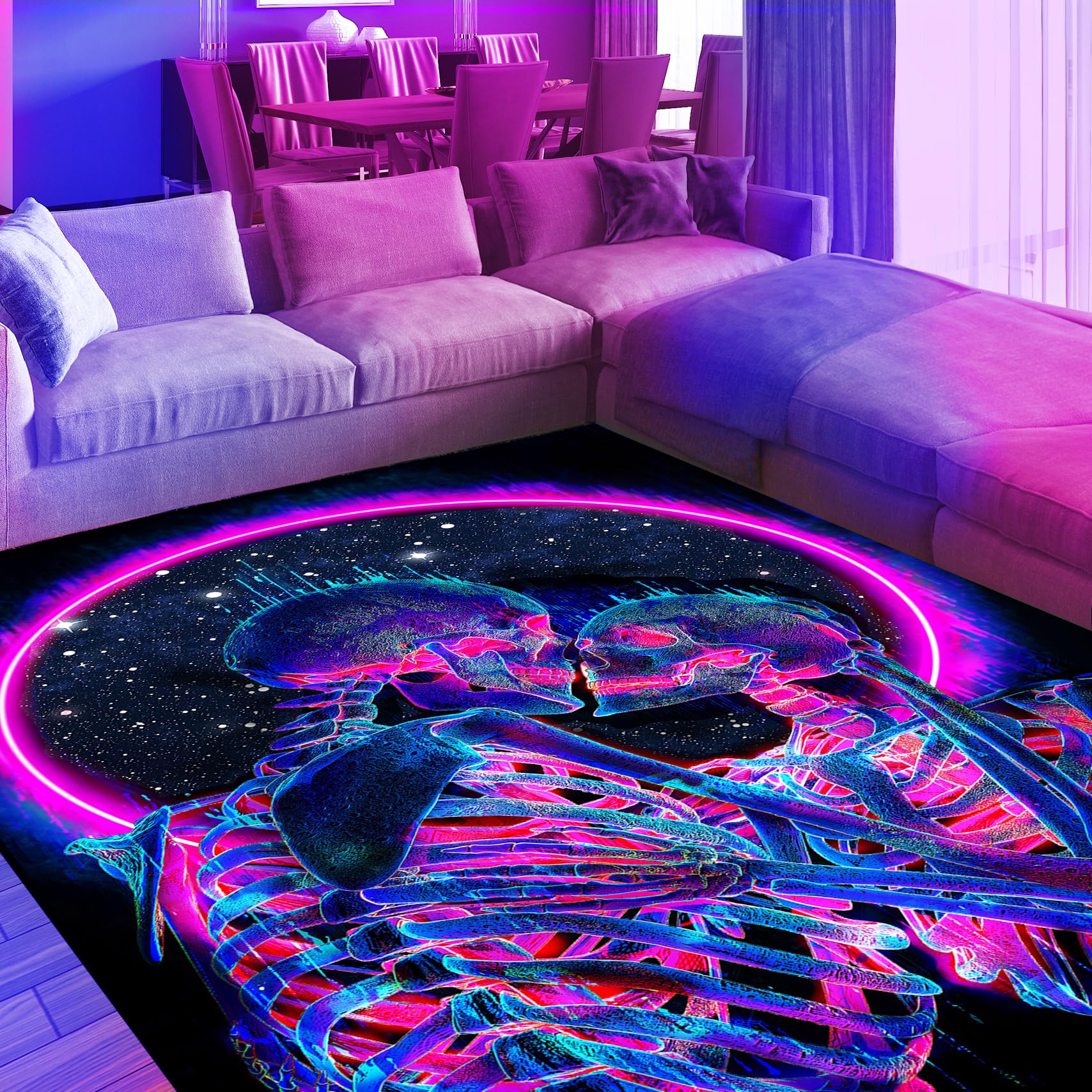 EISKBC Blacklight Kiss Skull Area Rug, Neon UV Reactive Couple Skeleton Throw Rug, Romantic Fluorescent Luminous Floor Mat Carpet, Glow in The Dark Decor for Bedroom Lover GFT 70x47inch