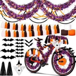 dispowreath 35 pcs halloween bike decorations kit bike streamers tassels tinsel garlands white ghost pendant bat sticker black orange and white crepe paper for kids adult bicycle parade party favor