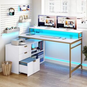 YITAHOME L Shaped Desk with Power Outlets and LED Lights, 55" Computer Desk with Drawers, Corner Office Desk with File Cabinet for Home Office, White & Gold