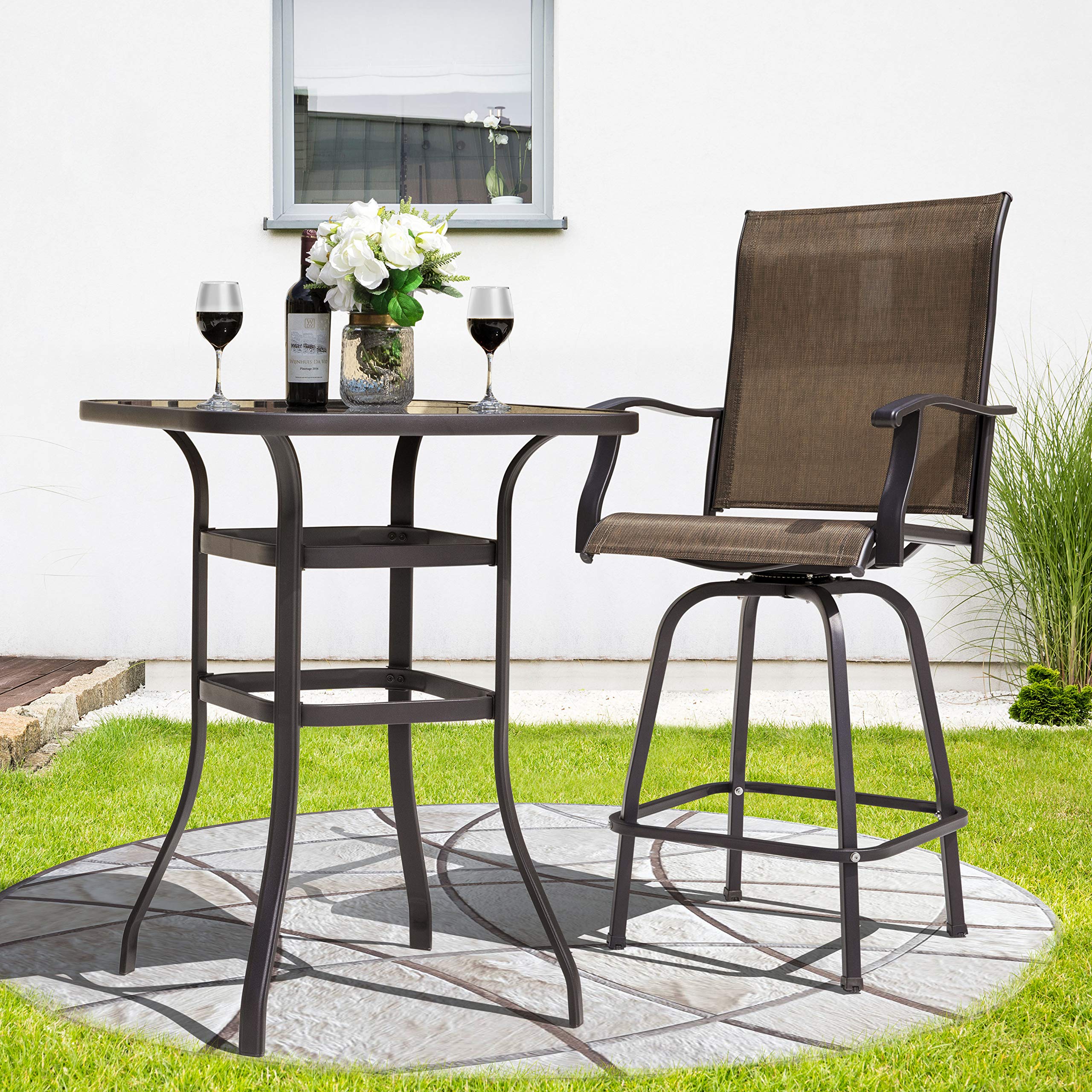 NUU GARDEN 5 Piece Patio Bar Set with Square Silk Screen Bar Height Glass Table and 4 Counter Textilene Height Swivel Chairs for Patio, Yard, Outdoor, Black&Brown