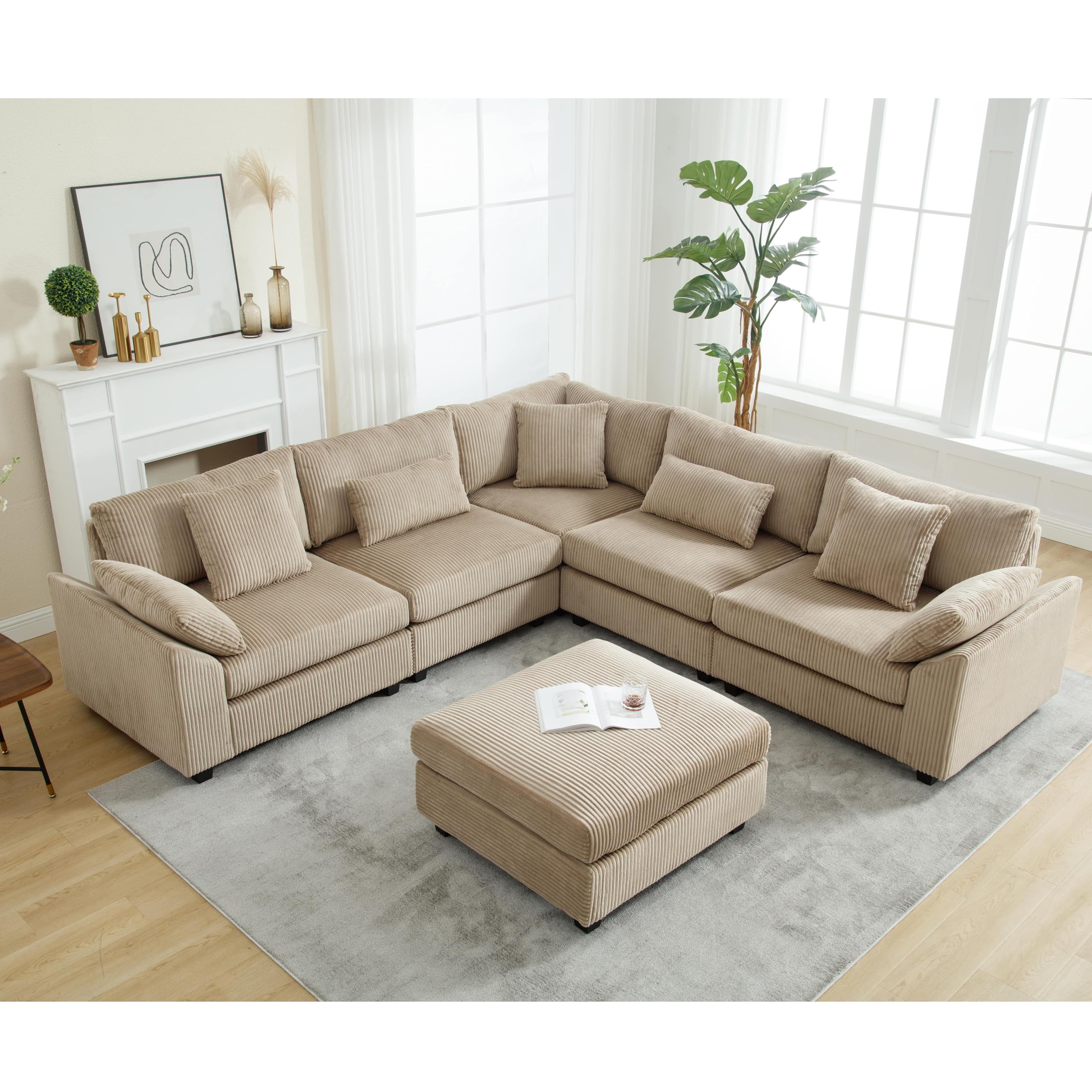 110.6"*110.6" Oversized Corner Modular Sectional Sofa Set, Modern L-Shaped Couch with Movable Ottoman and 7 Pillows, Comfy Corduroy Fabric Deep Seat 6 Seater Cloud Couch for Living Room (Brown)