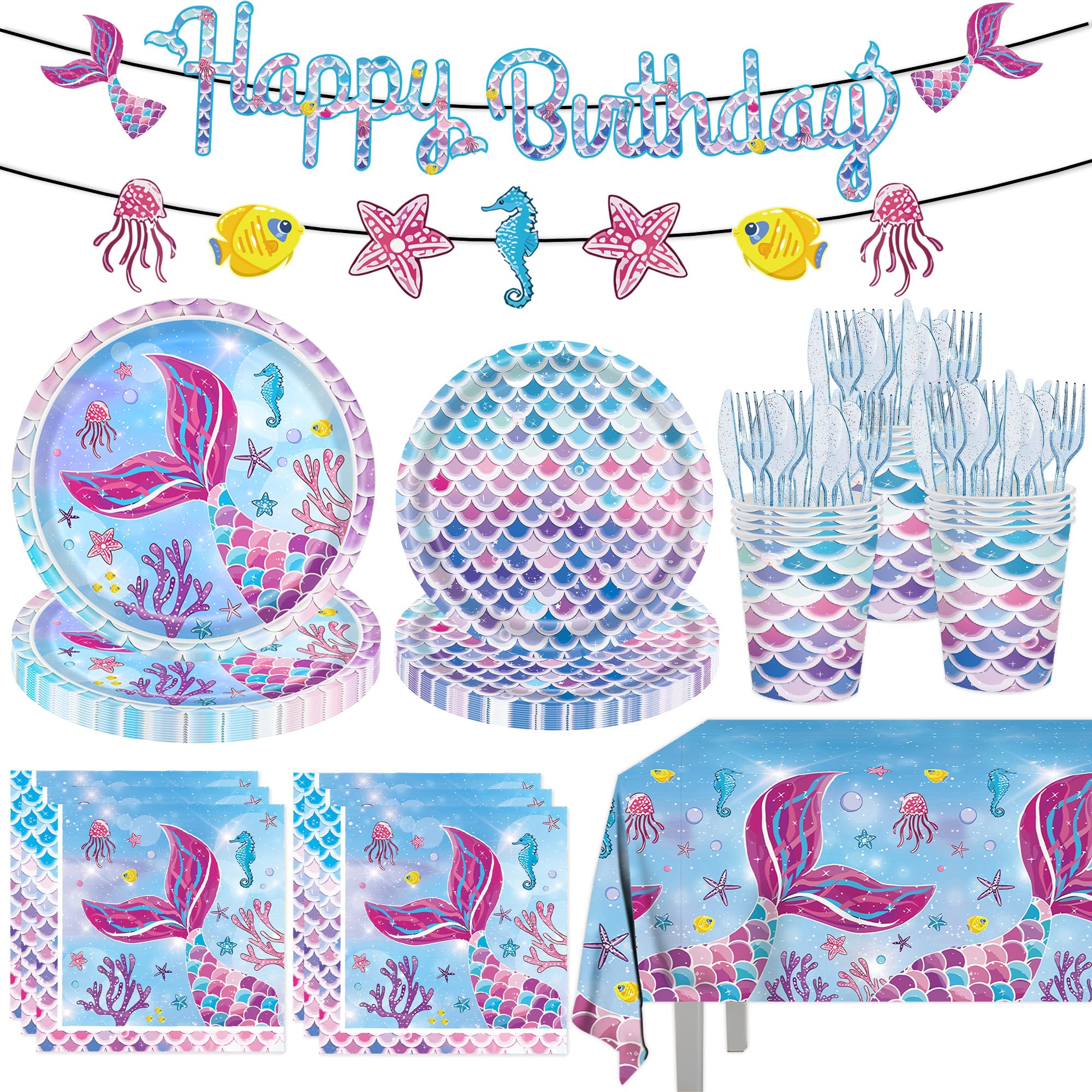 SJJPDYY 170Pcs Mermaid Birthday Party Decorations Set Mermaid Party Supplies Includes Plates, Napkin, Fork, Cup, Tablecloth, Banner for Baby Shower Ocean Birthday Party Decorations, Serves 24