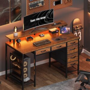 Huuger Computer Desk with Power Outlets and LED Lights, 47 Inch Gaming Desk with 6 Drawers, Office Desk with Monitor Stand, Writing Desk Work Desk, Mesh Shelves, Rustic Brown