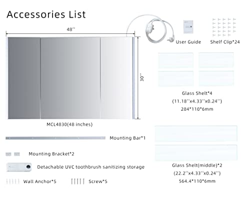WOODBRIDGE 48"x30" LED Medicine Cabinet, Surface Mount, Frameless Tri-View, Defog, Soft Close Hinges, Adjustable Shelves, 3000K-6000K Color Temp, Touchless Operation