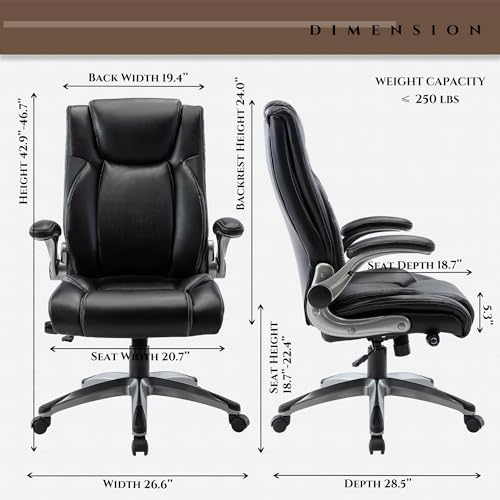 COLAMY Executive Office Ergonomic Chair with Thick Bonded Leather, Flip-up Armrests, High Back Adjustable Height and Tilt for Working, Study, Gaming