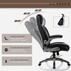 COLAMY Executive Office Ergonomic Chair with Thick Bonded Leather, Flip-up Armrests, High Back Adjustable Height and Tilt for Working, Study, Gaming