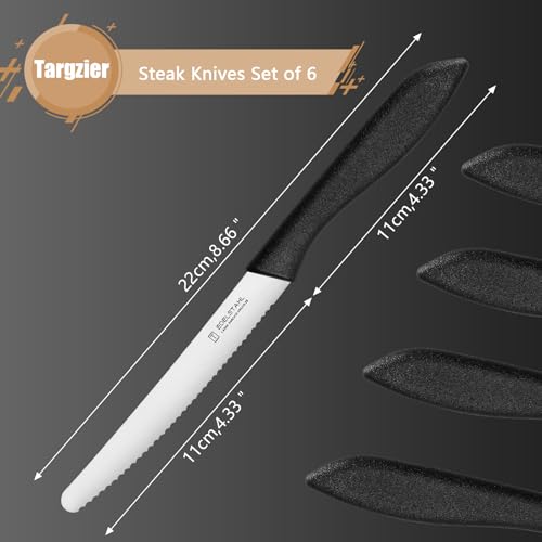 targzier Steak Knives Set of 6,Premium Steak Knife,Serrated Steak Knives,Stainless Steel Steak Knife Set,Black Round Head Knife,Tomato Knife for Kitchen&Restaurant,Dishwasher Safe