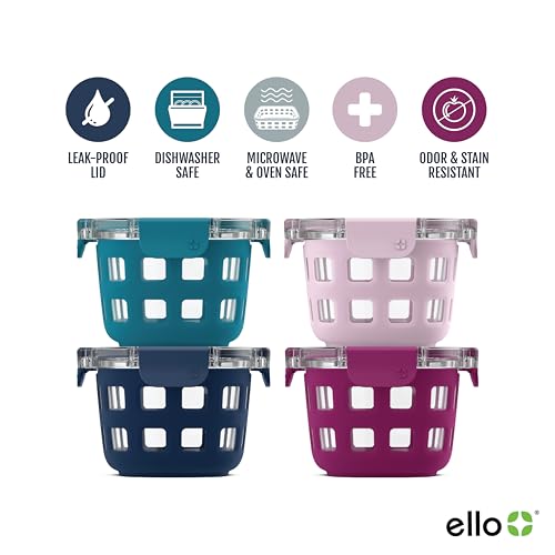 Ello Duraglass 4-Pack 2 Cup Reusable Glass Container Jar with Leak Proof Lids and Protective Silicone Sleeves | Perfect for Overnight Oats, Yogurt | BPA-Free | Dishwasher Safe | Evening Orchard