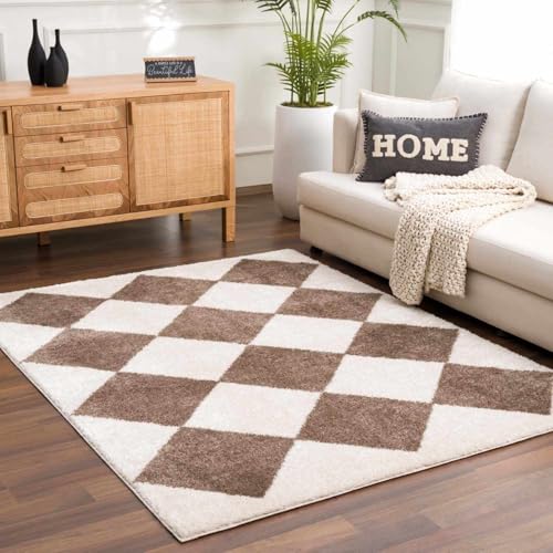 Hauteloom Arilla Modern Geometric Diamond Area Rug for Living Room, Bedroom - Machine Washable Area Rug - Contemporary Soft Cozy Shag Rug - High Pile - Peach, Dark Brown - 6'7" x 9' (6x9)