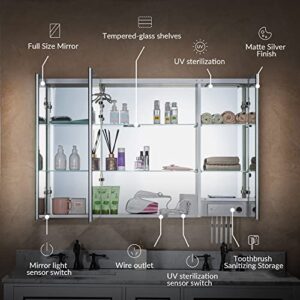 WOODBRIDGE 48"x30" LED Medicine Cabinet, Surface Mount, Frameless Tri-View, Defog, Soft Close Hinges, Adjustable Shelves, 3000K-6000K Color Temp, Touchless Operation