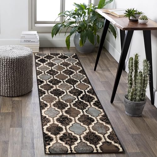 Superior Indoor Runner Rug, Jute Backing, Modern Plush Rugs For Hallway, Living, Dining Room, Bedroom, Office, Kitchen, Entryway, Geometric Trellis Floor Decor, High-Traffic Rugs, 2' 7 x 8', Chocolate