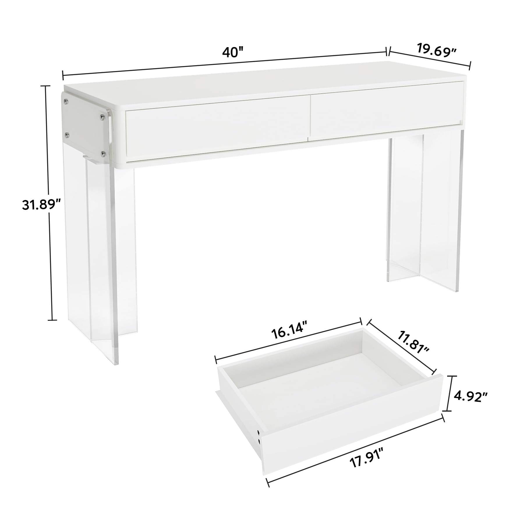 Tribesigns Makeup Vanity Desk with 2 Drawers, Modern Writing Computer Desk with Acrylic Legs, White Vanity Dressing Table for Bedroom (Without Mirror)