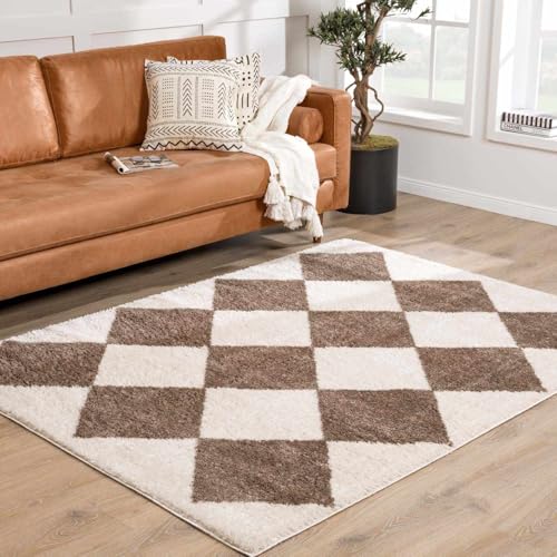 Hauteloom Arilla Modern Geometric Diamond Area Rug for Living Room, Bedroom - Machine Washable Area Rug - Contemporary Soft Cozy Shag Rug - High Pile - Peach, Dark Brown - 6'7" x 9' (6x9)