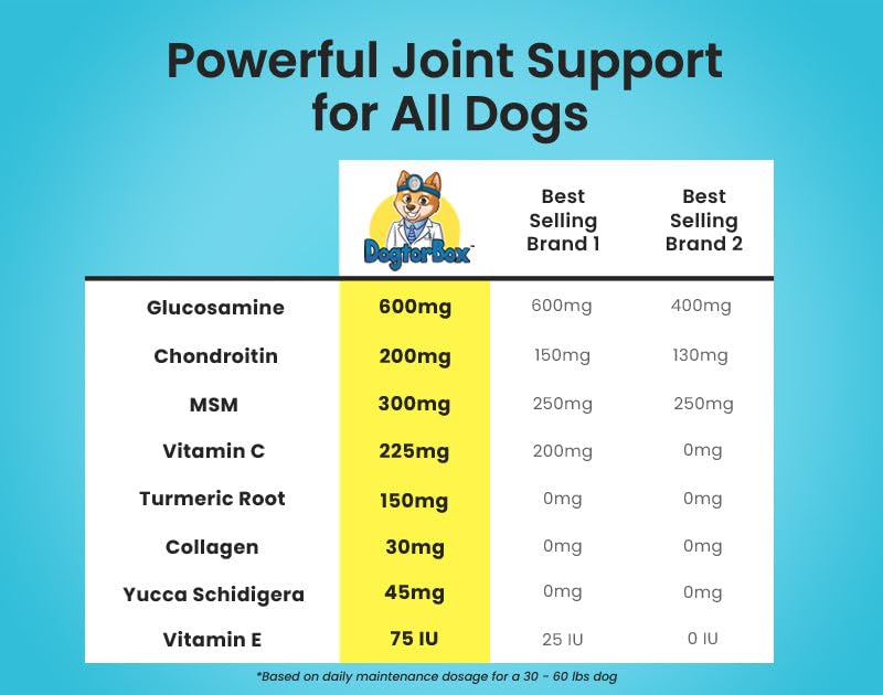 Dogtor Box Vet-Formulated All-Natural Joint Supplement for Dogs with Glucosamine, Chondroitin, MSM, Collagen - 120 Soft Chews Proudly Made in USA