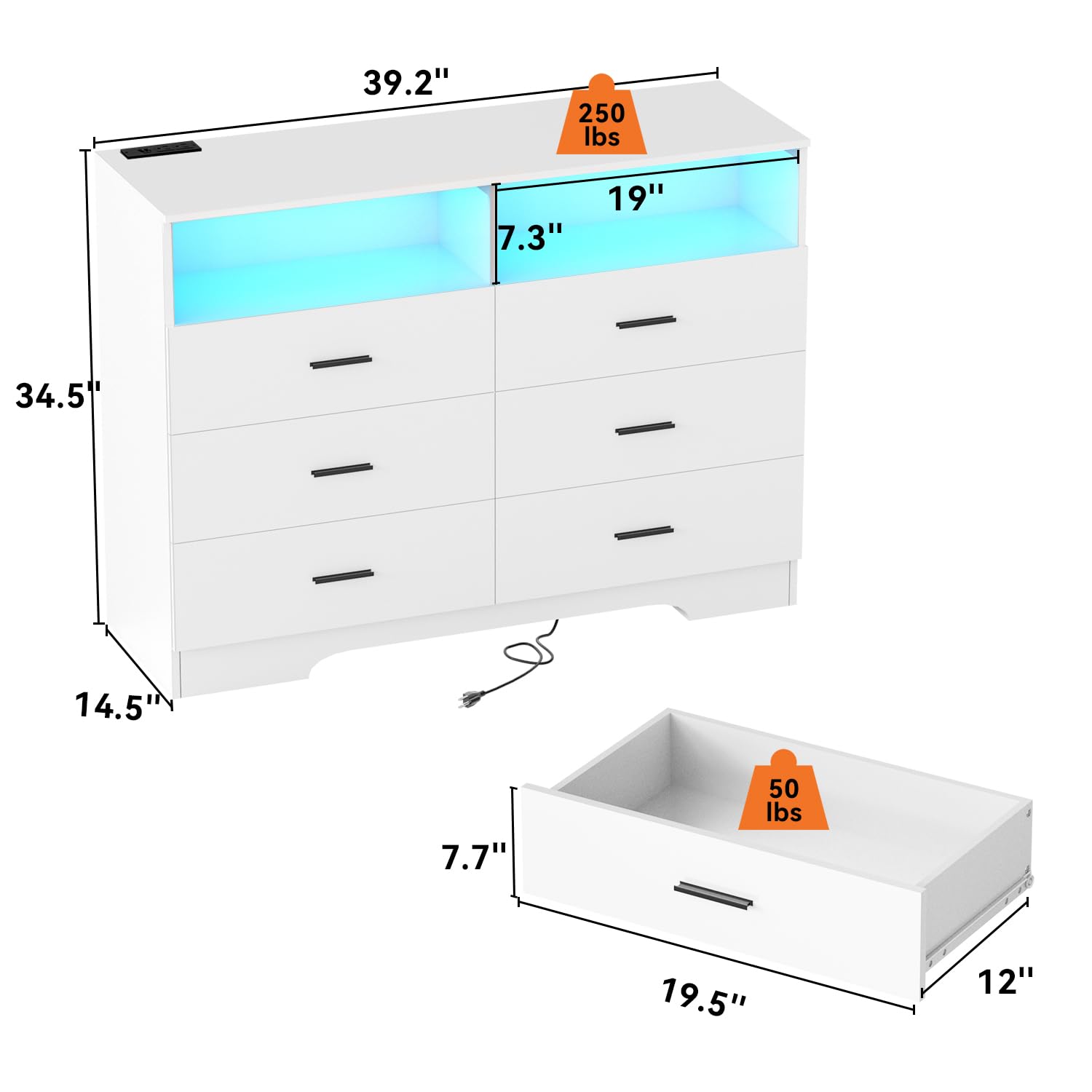 FJTJBSI Dresser with Power Outlets and LED Lights Wooden 6 Drawer Dresser with Large Organizer Tall White Dresser for Bedroom Chest of Drawers Closet Modern Dresser for Living Room Kids Room Hallway